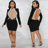 Sexy Nightclub Bead Hot Diamond Mesh Splice Backless Long Sleeve Dress BY-5681