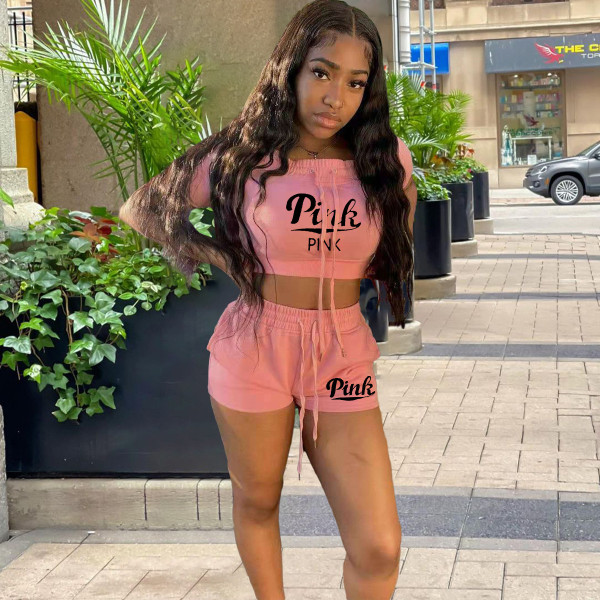 Pink Letter Print Two Piece Shorts Set MNKF-8055