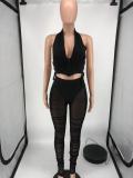 Sexy Halter Top Mesh Stacked Pants 2 Piece Sets HTF-6085