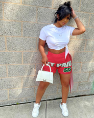 White Cropped T Shirt+Printed Shorts 2 Piece Sets YD-8589