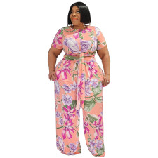 Plus Size Printed Short Sleeve Two Piece Pants Sets NNWF-7488