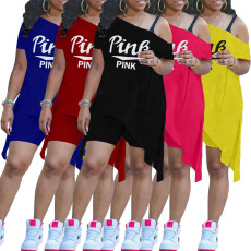 Plus Size Pink Letter Off Shoulder 2 Piece Shorts Set TK-6230
