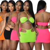 Solid Sexy Halter Hollow Out Mini Skirt 2 Piece Sets YH-5255