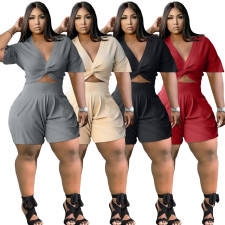 Plus Size Solid Knotted Crop Top And Shorts Sets XYMF-88105