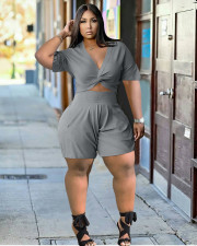 Plus Size Solid Knotted Crop Top And Shorts Sets XYMF-88105