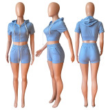 Solid Hooded Zipper Two Piece Shorts Set CH-8210