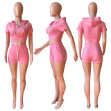 Solid Hooded Zipper Two Piece Shorts Set CH-8210