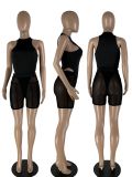Solid Sleeveless Bodysuit+Mesh Shorts 2 Piece Sets MX-9136
