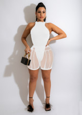 Solid Sleeveless Bodysuit+Mesh Shorts 2 Piece Sets MX-9136