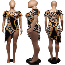 Leopard Print Short Sleeve Irregular Dress APLF-3002