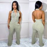 Solid Halter Ruched Turndown Collar Jumpsuit CYAO-81033