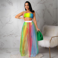 Gradient Colorful Tube Top+Mesh Long Skirt 2 Piece Sets ASL-6572