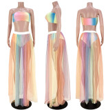 Gradient Colorful Tube Top+Mesh Long Skirt 2 Piece Sets ASL-6572