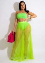 Sexy Tube Top Mesh Pleated Maxi Skirt 2 Piece Sets LA-3308