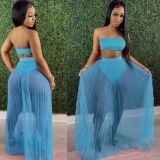 Sexy Tube Top Mesh Pleated Maxi Skirt 2 Piece Sets LA-3308