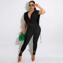 Sleeveless Hooded Side Tie Mesh Pants Fashion Sexy 2 Piece Sets SZF-2018