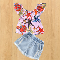 Kids Printed Top+Denim Jeans Shorts 2 Piece Sets YKTZ-2212