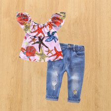 Kids Girl Print Top+Jeans Pants 2 Piece Sets YKTZ-2092