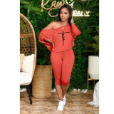 Plus Size Letter Print Off Shoulder Capri Pants Suits YFS-10086