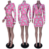 Floral Print Long Sleeve Mini Skirt 2 Piece Sets MDF-5309