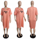 Plus Size Striped PINK Letter Print Short Sleeve Midi Dress OUQF-OQ159