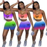 Pink Letter Print Gradient Two Piece Shorts Sets JRF-3690