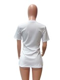 White Letter Print Short Sleeve Split T Shirt QZX-6248