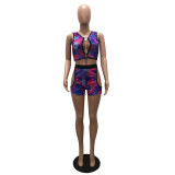 Sexy Printed Sleeveless Hollow Out 2 Piece Shorts Sets MAE-2140