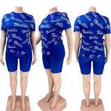Plus Size Letter Print T Shirt And Shorts 2 Piece Sets XSF-6086