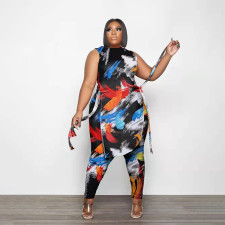 Plus Size Printed Sleeveless Split Two Piece Pants Sets PHF-13278