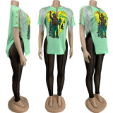 Plus Size Tassel Split T Shirt+Mesh Pants 2 Piece Sets FNN-8670