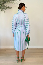 Casual Striped Long Sleeeve Sashes Midi Dress OLYF-96094