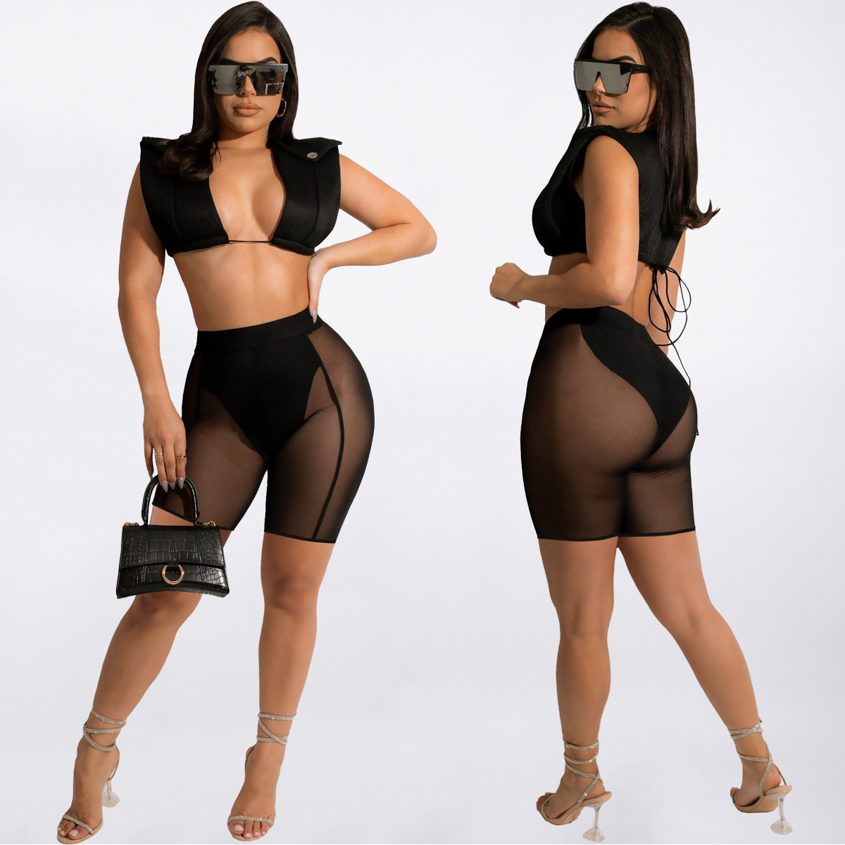 Dear Fashion Sexy Sleeveless Crop Topmesh Shorts 2 Piece Sets Al 284 With Wholesale Prices 0040