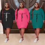 Plus Size Letter Print Long Sleeve Casual Dress AWYF-L767