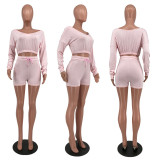Solid Long Sleeve Two Piece Shorts Sets DSF-88053