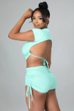 Solid Ribbed Backless Two Piece Shorts Sets LFDF-90039