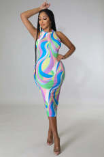 Colorful Print Sleeveless Midi Dress BYMF-60996
