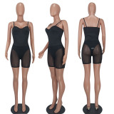 Black Sexy Sling Bodysuit+Mesh Shorts Two Piece Sets YD-8602