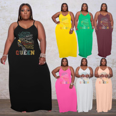 Plus Size QUEEN Letter Loose Sling Maxi Dress WAF-7208114