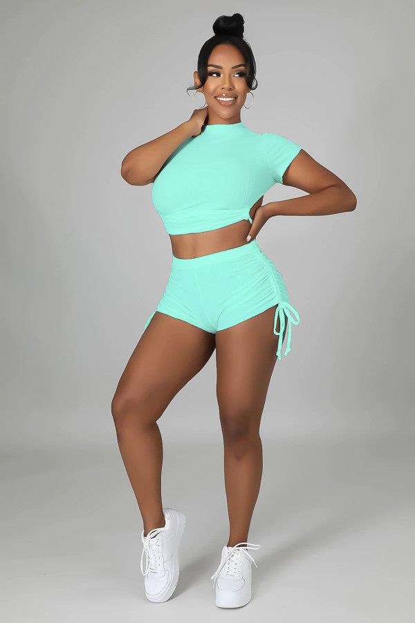 Solid Ribbed Backless Two Piece Shorts Sets LFDF-90039