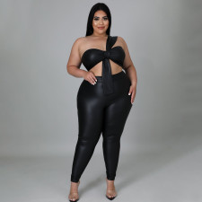 Plus Size Black PU Leather Two Piece Pants Sets NNWF-7338