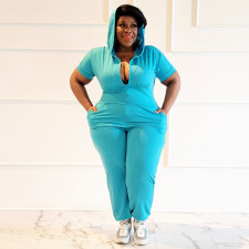 Plus Size Solid Hooded Short Sleeve Jumpsuit NNWF-7517