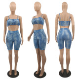 Fashion Imitation Denim Print Sling Crop Top Shorts 2 Piece Sets YACF-YC8033