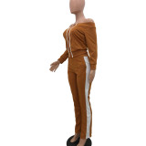 Splice Off Shoulder Long Sleeve Two-piece Pants Set XYKF-9009