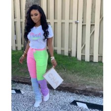 Casual PINK Letter Print T-shirt Contrast Ruched Pants 2 Piece Set XYKF-9025