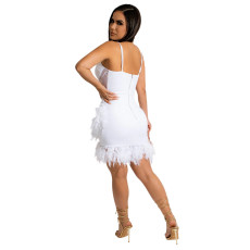 Fashion Solid Color Sexy Sling Feather Decorate Dress CYA-9870