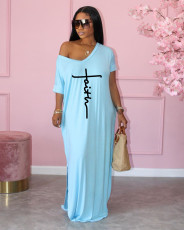 Letter Print V Neck Short Sleeve Loose Maxi Dress JRF-3692