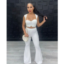 White Crop Top Flared Pants Two Piece Sets BN-B830
