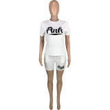 Plus Size Pink Letter Print T Shirt And Shorts 2 Piece Sets MEI-9256