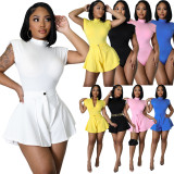 Solid Bodysuit+Wide Leg Shorts Two Piece Sets OMY-81019